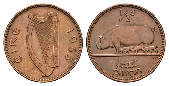 Ирландия 1/2 пенни 1953 свинья с поросятами KM 10 бронза 4121-1251