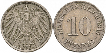 ГЕРМАНИЯ 10 ПФЕННИГОВ 1914 A KM 12, J. 13 медно-никель 73-1437