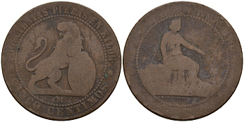 Испания 5 сентимо 1870 ОМ, лев со щитом KM 662 (Y53) медь  4153-146