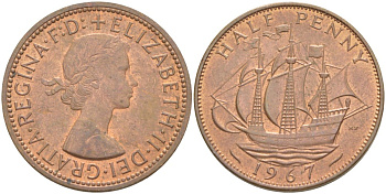 Великобритания 1/2 пенни 1967 Елизавета II (1952-2022) KM 896, Spink 4158 бронза 4544-155