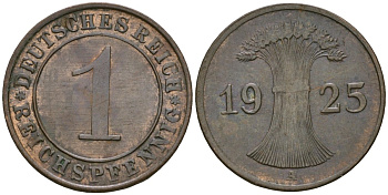 Германия 1 рейхспфенниг 1925 A KM 37, J. 313 бронза 4189-1116