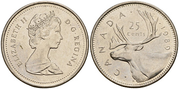 Канада 25 центов 1989 Елизавета II (1952-), олень, второй портрет в короне KM 74 медно-никель 4187-1143