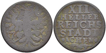 Ахен 12 геллеров 1760 KM 51, Menadier 294, Krumbach 198 медь 175-312