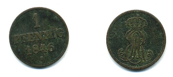 Ганновер 1 пфенниг 1846 B, Эрнст Август (1837-1851) KM 201.1, AKS 129, J. 74 медь 35-823