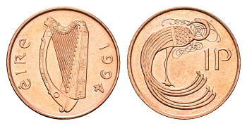 Ирландия 1 пенс 1994 мифологическая птица лира KM 20a сталь плакированная медью UNC 4647-912