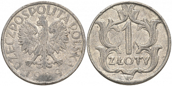 ПОЛЬША 1 ЗЛОТЫЙ 1929 w, ИМИТАЦИЯ, НЕ МАГНИТНАЯ KM 14 никель 68-412