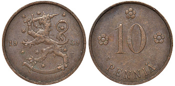 Финляндия 10 пенни 1939 KM 24 медь 51-3117
