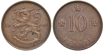 Финляндия 10 пенни 1940 республика (1918-1962) KM 24 медь 51-3312