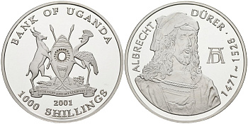 Уганда 1000 шиллингов 2001 Альбрехт Дюрер (1471-1528) KM 203 серебро PROOF 00-00