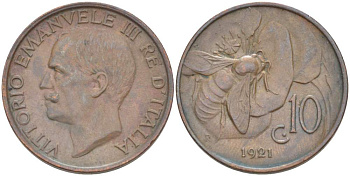 ИТАЛИЯ 10 ЧЕНТЕЗИМО 1921 R, МОНДВОР РИМ, ВИКТОР ЭММАНУИЛ III (1900-1946) KM 60 медь 4525-226