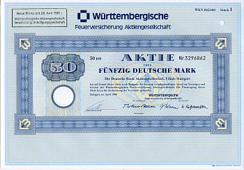 ФРГ 50 марок 1988 Акционерное общество по страхованию от пожаров Вюртемберга, акция   бумага   8803-100-1