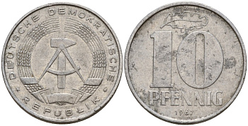 ГДР 10 пфеннигов 1967 A KM 10 алюминий 28-232