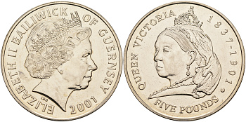 Гернси 5 фунтов 2001 100 лет со дня смерти королевы Виктории KM 106 медно-никель 4558-113