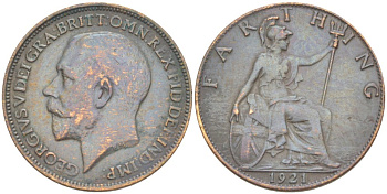 Великобритания 1 фартинг 1921 Георг V (1910-1936) KM 808.2, Spink 4060 бронза 4543-1024