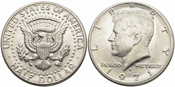 США 1/2 доллара (50 центов) 1971 D, Джон Кеннеди KM 202b медь плакированная медно-никелем 72-126