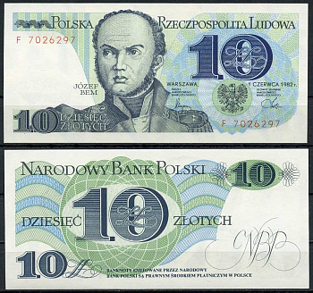 Польша 10 злотых 1982 Юзеф Захариаш Бем Pick 148 a бумага UNC (пресс) 450-77-1