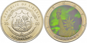 Либерия 10 долларов 2000 Либерти, Liberty, статуя свободы на острове Эллис, голограмма  медно-никель  UNC  11-122-11