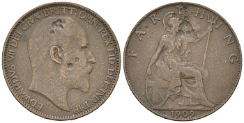 Великобритания 1 фартинг 1909 Эдуард VII (1901-1910) KM 792, Spink 3992 бронза 4617-847
