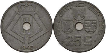 Бельгия 25 сантимов 1943 Belgique - Belgie, Леопольд III (1934-1947), германская оккупация, Вторая мировая война KM 131 цинк 4157-443
