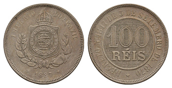 Бразилия 100 реалов (рейсов) 1887 KM 483 медно-никель aUNC 1519-1335