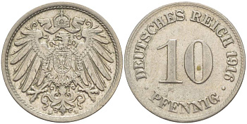 Германия 10 пфеннигов 1916 D KM 12, Jager 13, Weege 8 медно-никель 219-256