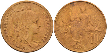 Франция 10 сантимов 1917 тип Даниэль Дюпюи KM 843, LA FRANC 136.29 бронза 4117-315