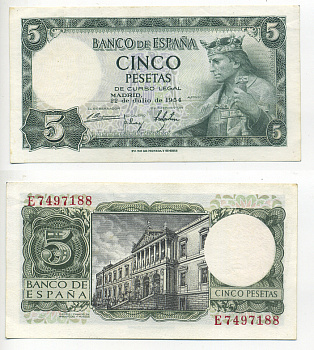 Испания 5 песет 1954 Альфонсо X, король Кастилии и Леона, дворец библиотек и музеев, Мадрид Pick 146 a бумага aUNC 6278-10-2