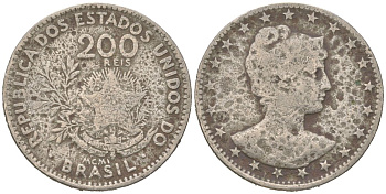 Бразилия 200 реалов 1901 MCMI, голова свободы вправо KM 504 медно-никель 4612-133