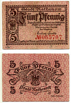 Ратенов 5 пфеннигов 1917 1 мая 1917, нотгельд, земля Бранденбург, текст коричневый, номер шестизначный Grabowski R8.1a бумага 2193-38-1-1