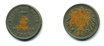 ГЕРМАНИЯ 5 ПФЕННИГОВ 1921 F KM 19, J. 297 железо 54-424