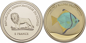 Конго 5 франков 2005 защита дикой природы, африканская рыба луна, галограмма KM 180 медно-никель BUNC 04-136-35