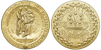 Италия медаль 1987 400 лет ордену госпитальеров Иоанна Божьего в Римской провинции, Больница Святого Фатебенефрателли, диаметр 70 мм.  желтый металл    4113-822