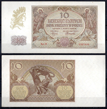 Польша 10 злотых 1940 Аллегорические женщины Pick 94 (1) бумага aUNC 451-1073-1