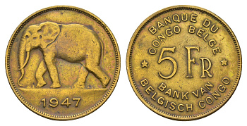 Бельгийское Конго 5 франков 1947 Леопольд III (1934-1951), год-тип KM 29 латунь 1519-244
