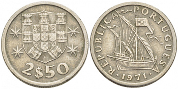 ПОРТУГАЛИЯ 2,5 ЭСКУДО 1971 ПАРУСНИК KM 590 медно-никель 3718-315
