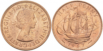 Великобритания 1/2 пенни 1967 Елизавета II (1952-2022) KM 896, Spink 4158 бронза UNC 3457-833