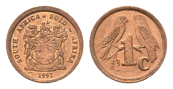 ЮАР 1 цент 1992 герб, капские воробьи KM 132 сталь плакированная медью UNC 4694-112