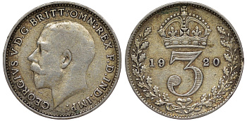 Великобритания 3 пенса 1920 Георг V (1910-1936), пограничный год KM 813 или 813a, Spink 4015 или 4026 серебро 4124-462