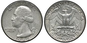 США 25 центов (квотер) 1980 D, Вашингтон KM А164а медь покрытая медно-никелем 72-644