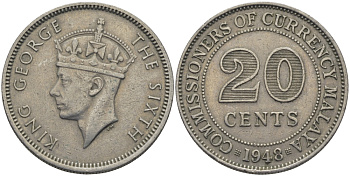 Британская Малайя 20 центов 1948 Георг VI (1937-1952) KM 9 медно-никель 59-711