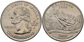 США 25 центов (квотер) 2006 D, серия штаты США, Колорадо KM 384 медь плакированная медно-никелем 4603-1157