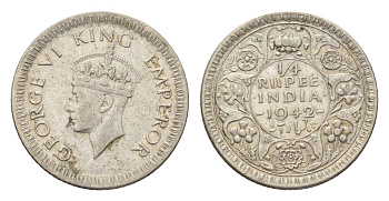 Британская Индия 1/4 рупии 1942 Георг VI (1936-1952) KM 546 серебро 3457-1035