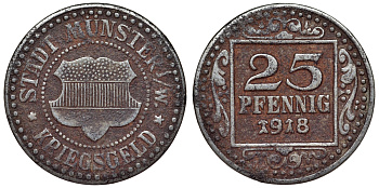 Германия, Мюнстер 25 пфеннигов 1918 Северный Рейн-Вестфалия, нотгельд Funck 350.4 железо 4121-331