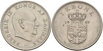 Дания 1 крона 1963 C;S, Фредерик IX (1947-1972) KM 851 медно-никель 4150-922