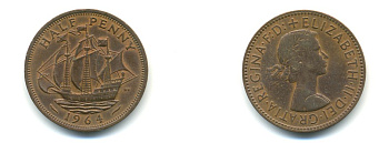 Великобритания 1/2 пенни 1964 Елизавета II (1952-2022) KM 896, Spink 4158 бронза 59-1223