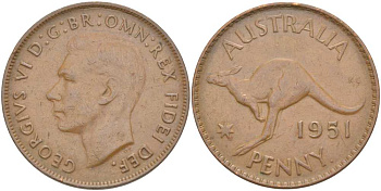 АВСТРАЛИЯ 1 ПЕННИ 1951 p, ГЕОРГ VI (1936-1952), КЕНГУРУ KM 43 бронза 4512-1145