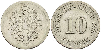 ГЕРМАНИЯ 10 ПФЕННИГОВ 1875 B, СТАРОГЕРБОВКА KM 4, J. 4 медно-никель 4401-243