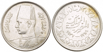 Египет 2 пиастра 1937 АН1356, Фарук (1936-1952) KM 365 серебро 4547-1163