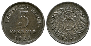 Германия 5 пфеннигов 1921 E KM 19, J. 297, Weege 5 железо 4380-154