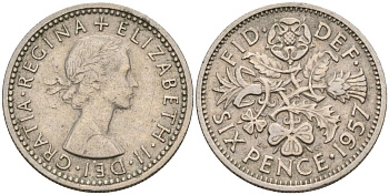 Великобритания 6 пенсов 1957 Елизавета II (1952-2022) KM 903, Spink 4149 медно-никель 4154-237